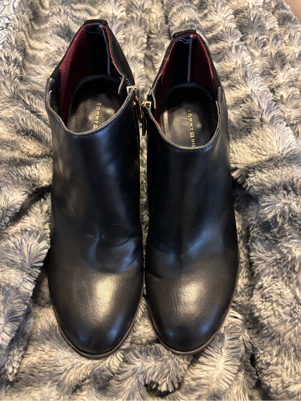 Tommy Hilfiger Black Leather Ankle Booties with Burgundy Lining